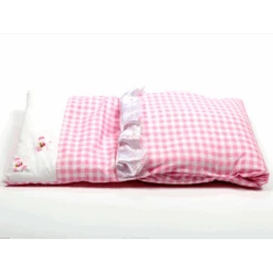 Houten Poppenwagen Pink -Berg Winkel dekje roze geruit met 2 bloempjes 2