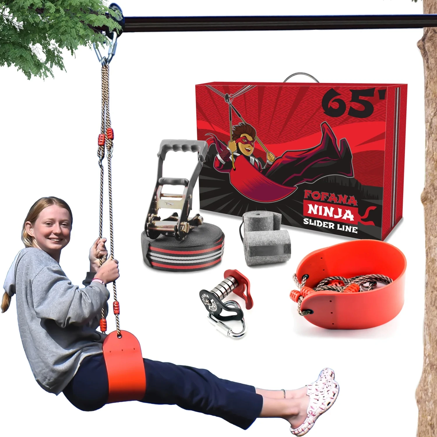 Fofana Ninja Slider Pulley-Kit 20m Line Met Katrol En Zitje 3 Fofana Ninja Slider Pulley-Kit 20m Line Met Katrol En Zitje